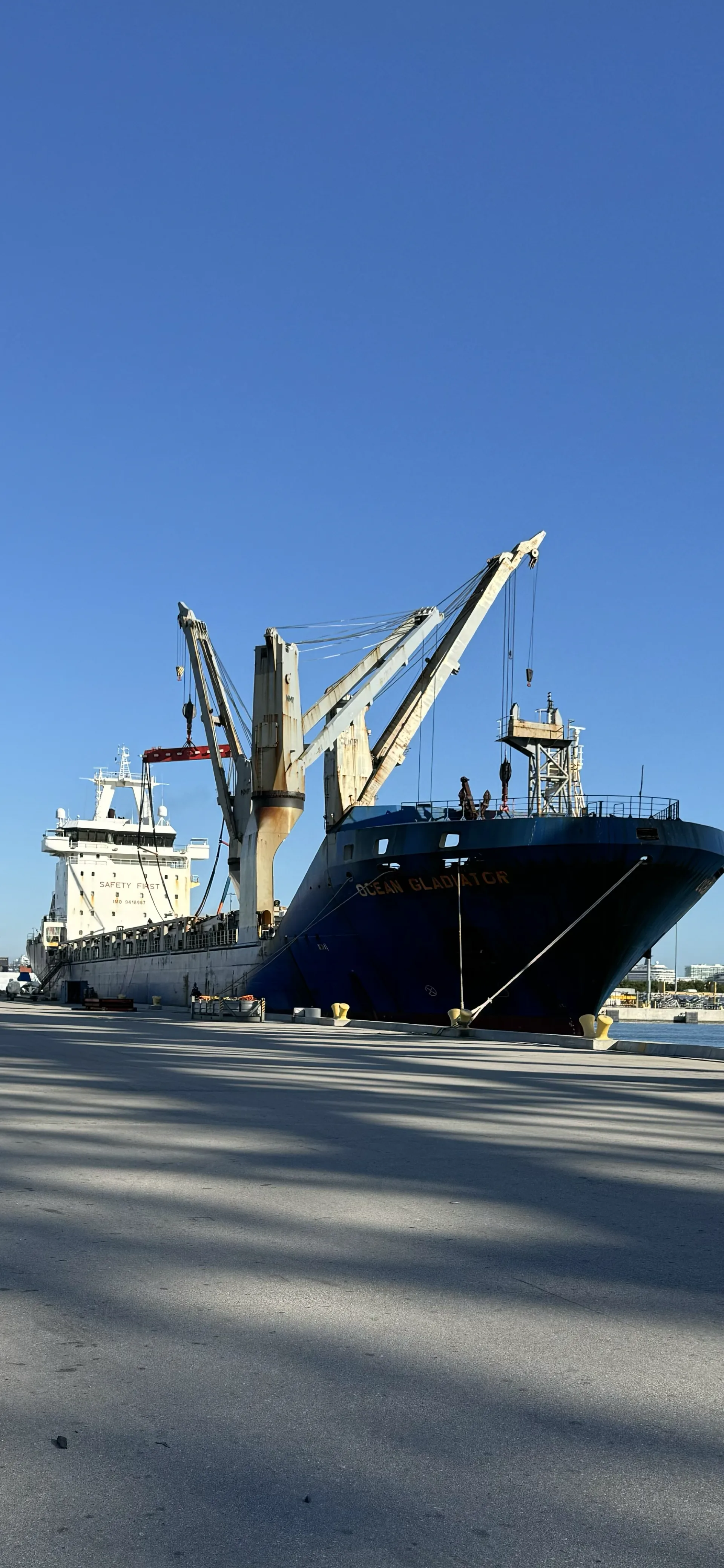 Blue cargo ship with deck cranes alongside the dock