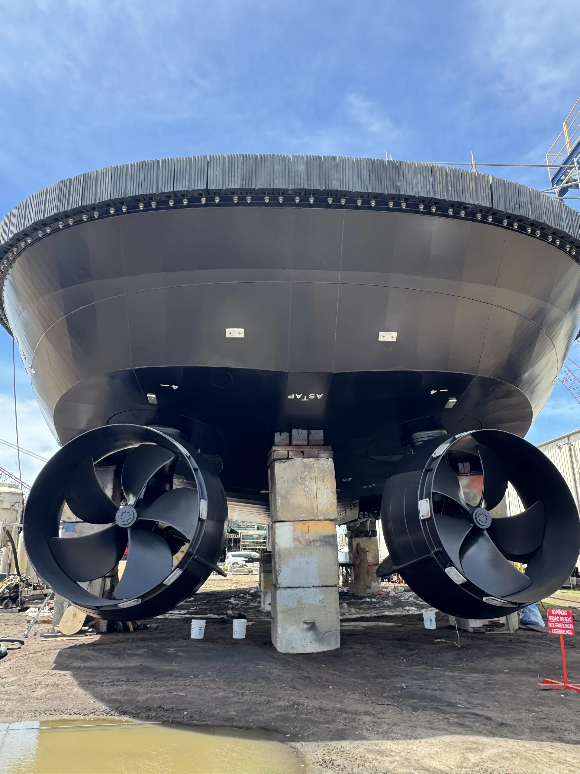 Underside of a hull with twin thrusters, seen from a low angle